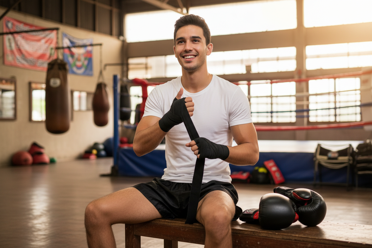 Muay Thai starter kit with gloves, hand wraps, shin guards, mouthguard and shorts on a gym floor.