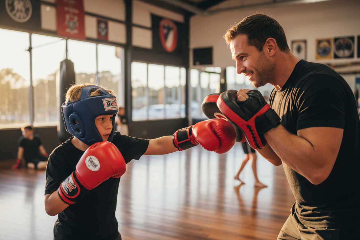 kids practicing martial arts training with coach supervision