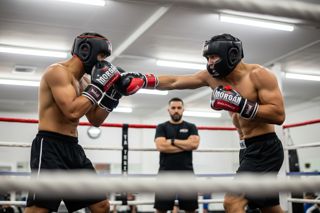 Coach guiding beginners during safe sparring training